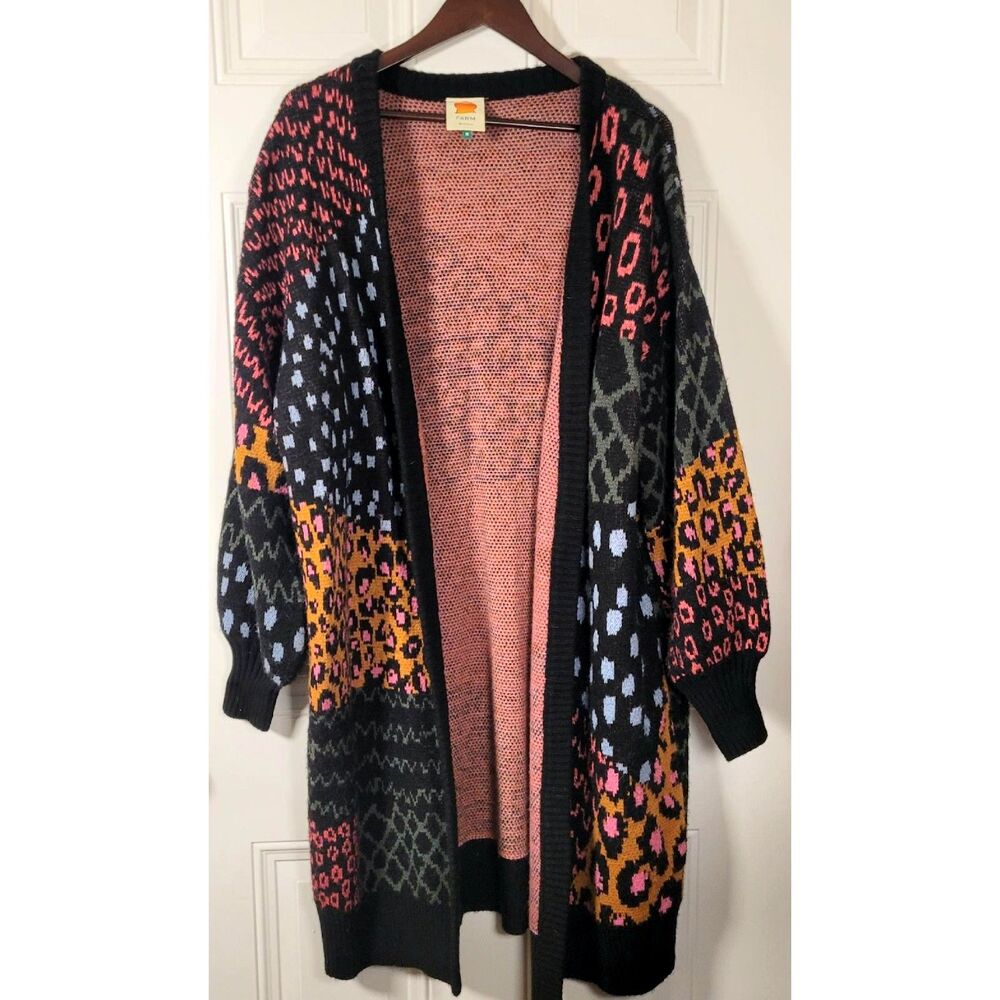 FARM Rio M Long Cardigan Mixed Animal Leopard Print Patchwork Wool Blend Boho